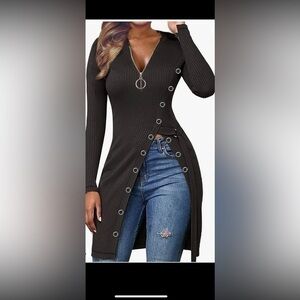 Lyaner Long Sleeves Zippered V Neck Ultra Soft  Ribbed blk  Split Lace shirt